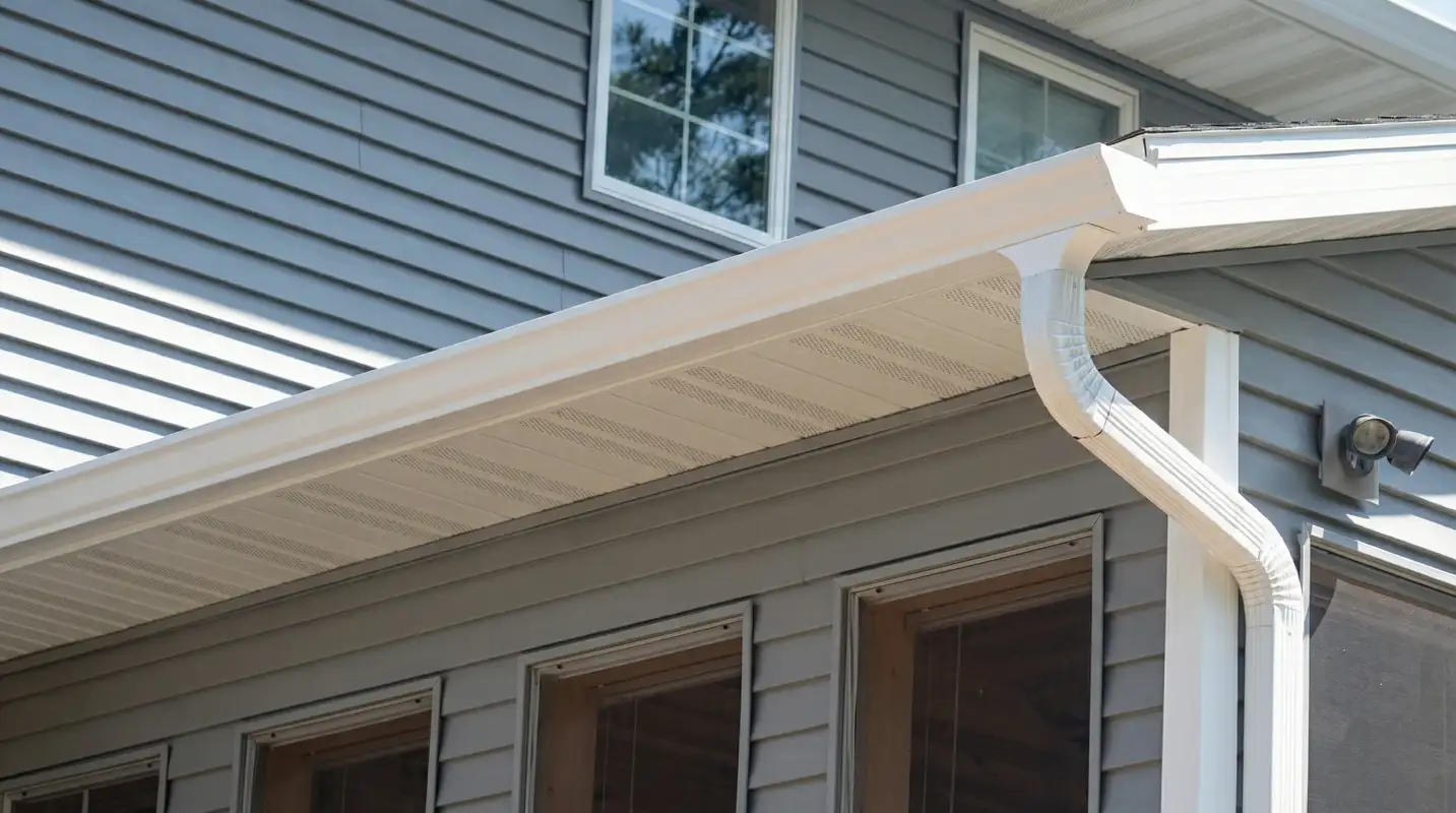 Professional home remodeling project showing newly installed white seamless gutters and downspouts on a house with gray siding in Tulsa, OK