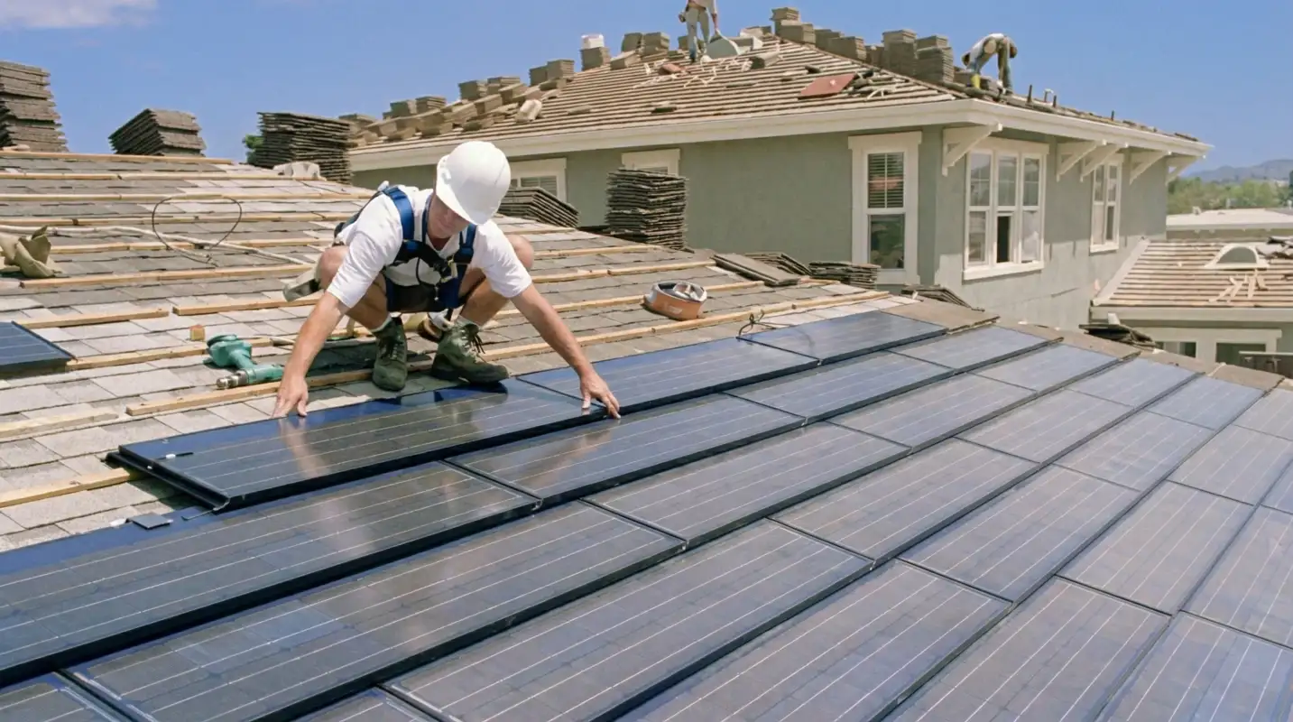 Roof replacement expert installing modern solar shingles on a residential home in Tulsa, OK