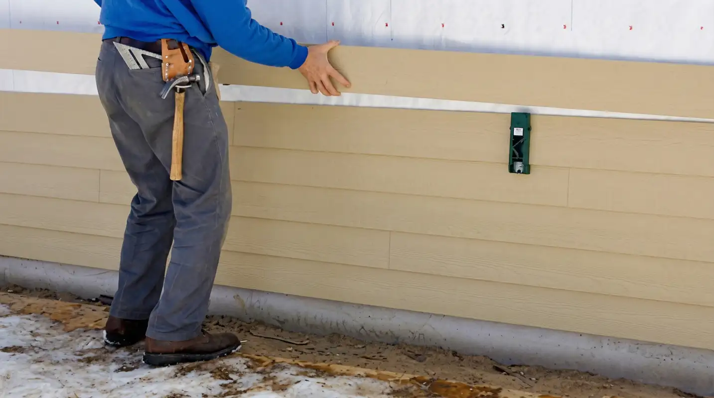 Siding replacement expert carefully aligning a new tan siding panel onto a residential exterior wall in Tulsa, OK