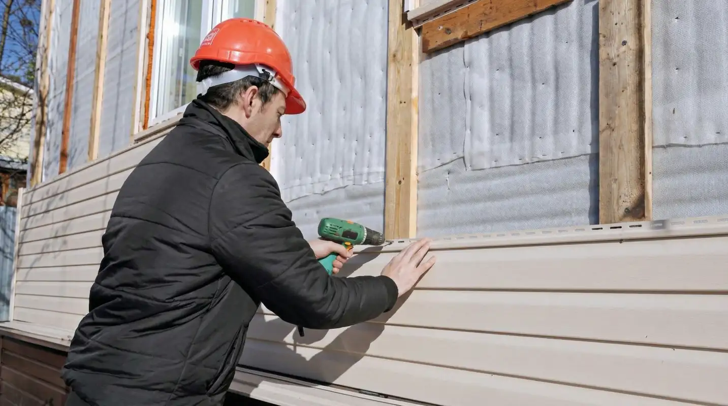 Siding replacement professional using a power drill to install new tan vinyl siding on a home exterior in Tulsa, OK