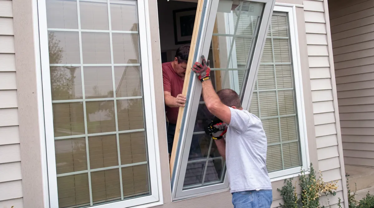 Professional home remodeling team installing a large replacement window on a house with tan siding in Tulsa, OK