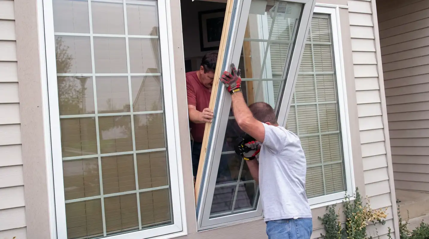 Professional home remodeling team installing a large replacement window on a house with tan siding in Tulsa, OK
